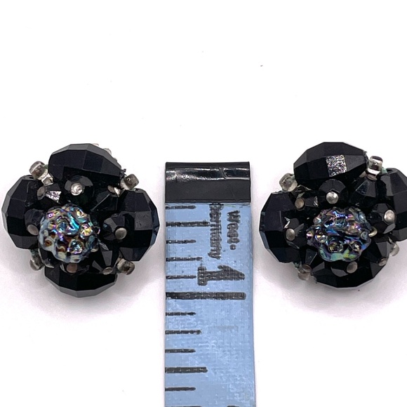 West Germany Signed Vntage Black Lava Rock Look Clip-on Cluster Earrings - Picture 4 of 13
